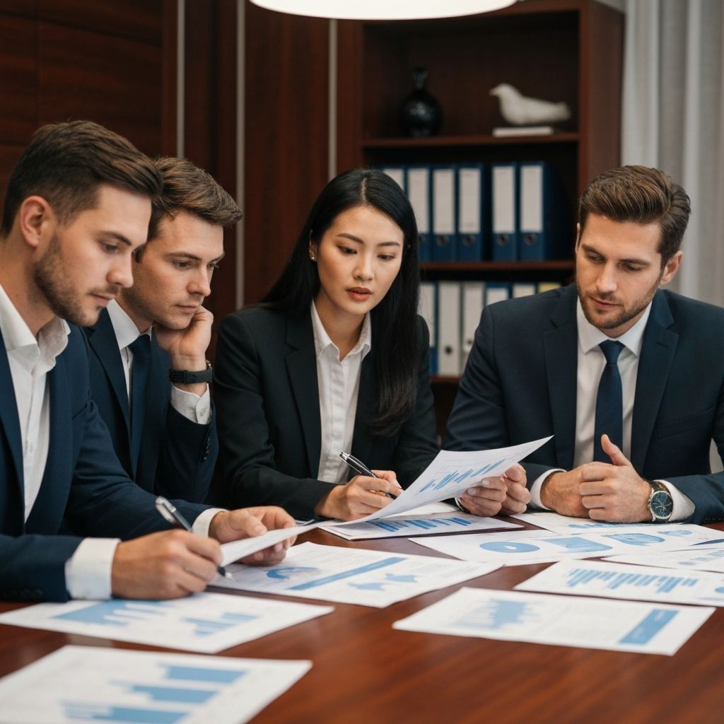 Equipo de consultores financieros analizando documentos y estrategias corporativas en reunión ejecutiva