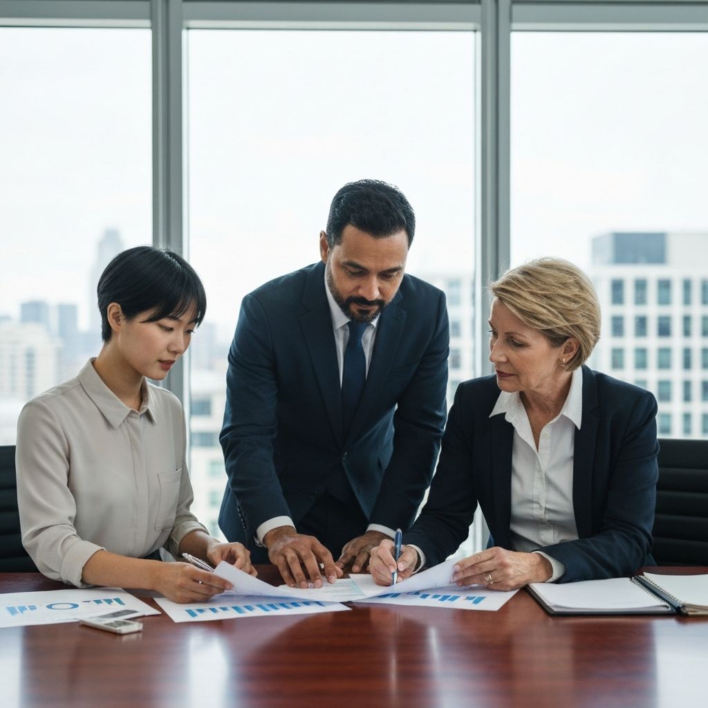 Equipo de consultores financieros profesionales trabajando en análisis estratégico